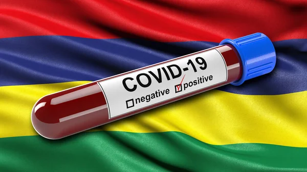 モーリシャスの旗は 正のCovid 19血液検査管で風に振っています 新しいコロナウイルスの診断のための血液検査のための3Dイラストコンセプト — ストック写真