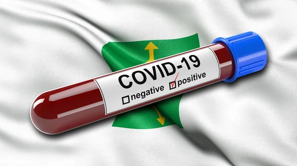 Brasiliansk Delstatsflagga Distrito Federal Vinka Vinden Med Positiv Covid Blodprovsrör — Stockfoto