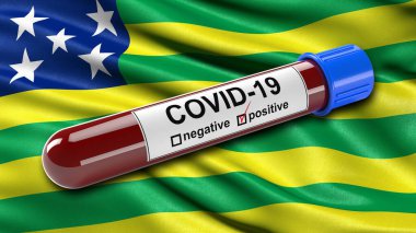 Brezilya eyaleti Goias bayrağı pozitif Covid-19 kan testi tüpüyle rüzgarda sallanıyor. Yeni Corona virüsünün teşhisi için üç boyutlu illüstrasyon konsepti.