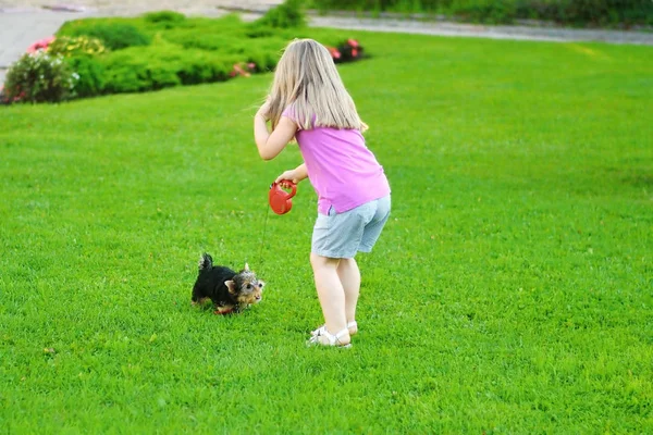 Schattig meisje spelen met haar puppy buiten — Stockfoto