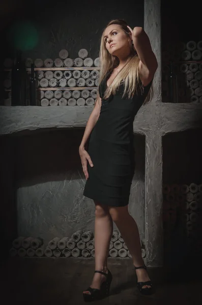 Beautiful girl in the old wine cellar — Stock Photo, Image