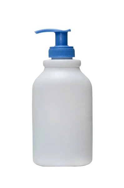 Witte plastic fles met blauwe dispenser voor vloeibare zeep — Stockfoto