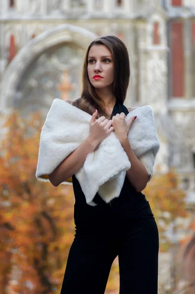 Snygg elegant kvinna i en svart outfit och en vit päls cape aga — Stockfoto