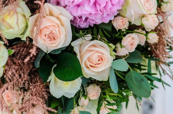 Hassas arka planını çiçekler ortanca ve gül yakın çekim. 