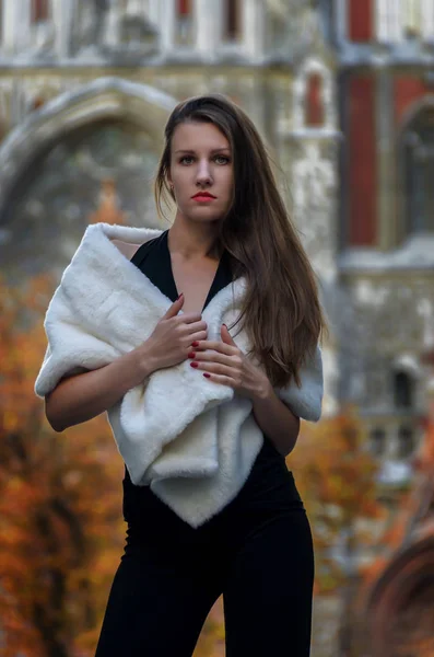 Young Stylish Glamorous Slender Woman Wearing White Fur Coat Her — Stock Photo, Image