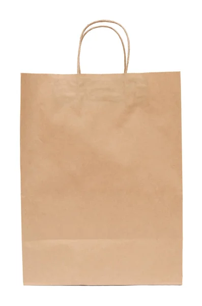 Kahverengi kağıt torba kraft kağıdı. Alışveriş çantası üzerinde beyaz izole — Stok fotoğraf