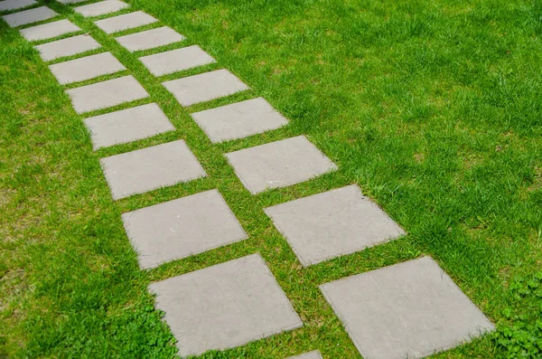 Voetpad in het gras. Betonnen pleinen op een rij gelegd. — Stockfoto