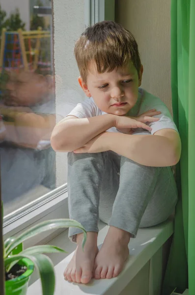 Sad Boy Wants Walk Street Child Windowsill Looks Out Window — Stock Photo, Image