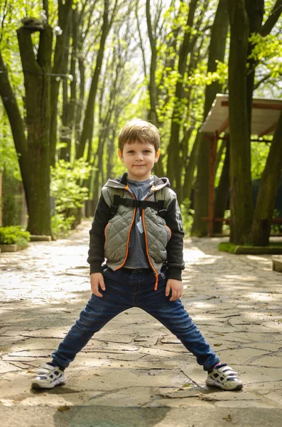 Lindo Niño Cuatro Años Caminar Parque Principios Primavera Paseo Familia — Foto de Stock