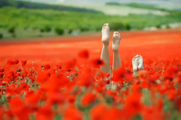 Beautiful legs on the nature in the field. — Stock Photo, Image