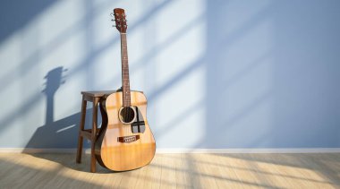 Bir duvar arkaplanındaki akustik gitarın 3d çizimi.
