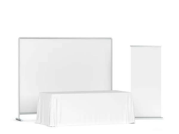 Toalha Mesa Branco Com Banners Lado Ilustração Isolado Fundo Branco — Fotografia de Stock