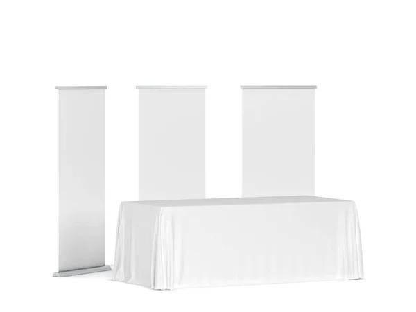 Blank Tradeshow Tablecloth Roll Banners Aside Illustration Isolated White Background — Stock Photo, Image