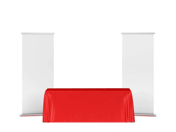 ロールアップバナーを脇にブランクトレードショーテーブルクロス 白地に隔離された3Dイラスト — ストック写真