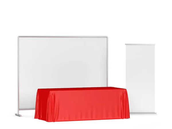 旗を脇に持つ空白のトレードショーテーブルクロス 白地に隔離された3Dイラスト — ストック写真