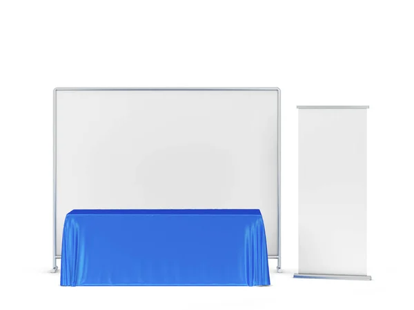 Toalha Mesa Branco Com Banners Lado Ilustração Isolado Fundo Branco — Fotografia de Stock