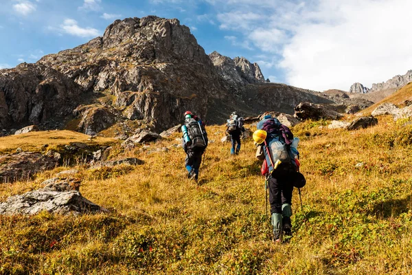 组的徒步旅行者在天山山脉 — 图库照片