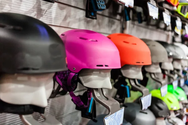 Ski helmet and ski goggles at store. — Stock Photo, Image