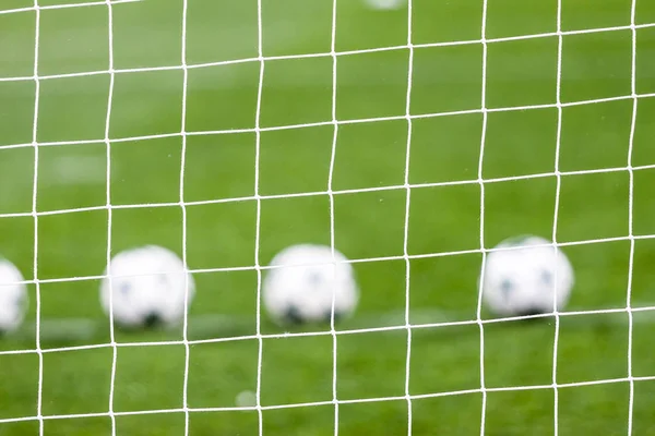 Soccer net and soccer ball on green grass