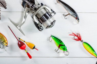 Ahşap bir arka planda balık aksesuarları.