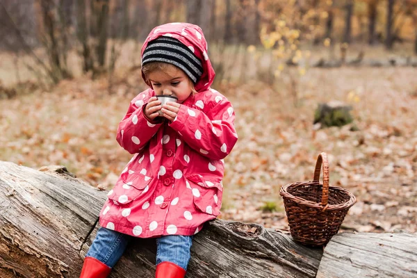 Klein meisje in een erwt jas zittend op een boom en het drinken van thee. — Stockfoto