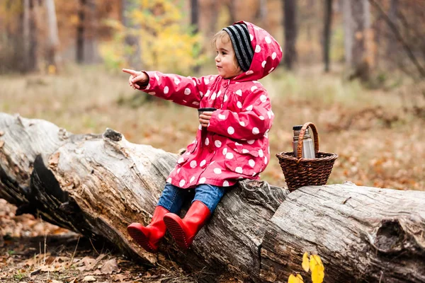 나무에 앉아서 마시는 차 완 두 자 켓에 어린 소녀. — 스톡 사진