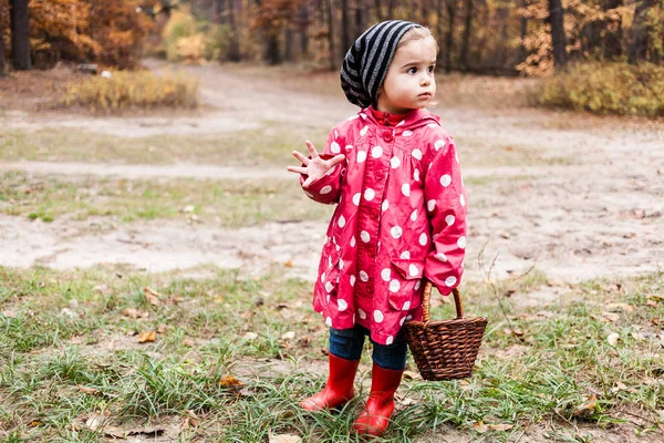 Klein meisje in een erwt jas wandelen in het bos en op zoek fo — Stockfoto