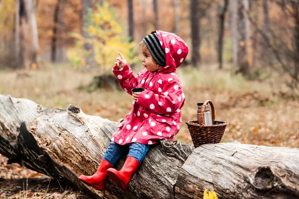 Klein meisje in een erwt jas zittend op een boom en het drinken van thee. — Stockfoto