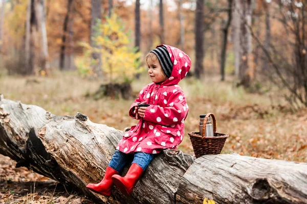 Niña en una chaqueta de guisante sentada en un árbol y bebiendo té . —  Fotos de Stock