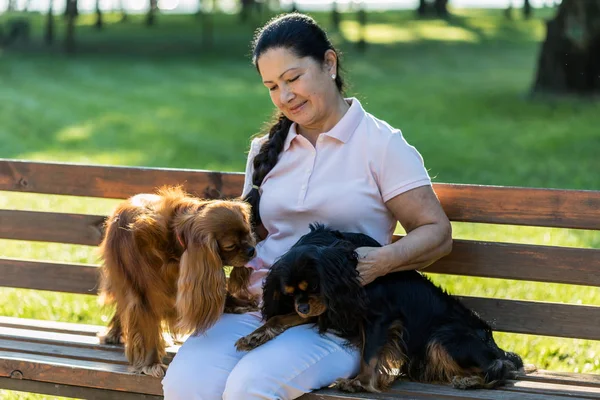 Happy senior woman playing with her dogs. — Stock Photo, Image