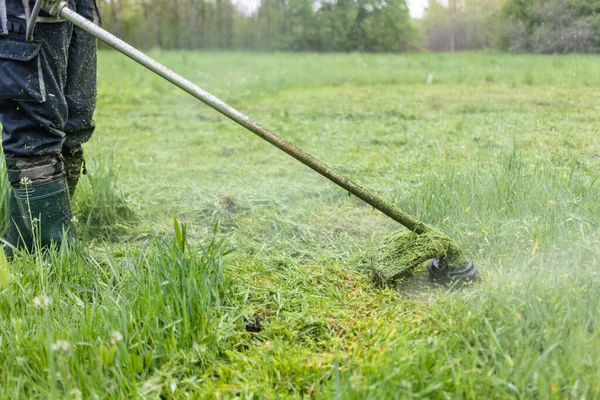 Young Worker Mowing Lawn Grass Trimmer Outdoors Garden Photo Maintenance — Stock Photo, Image