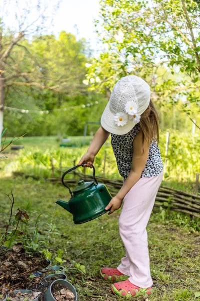 Jolie Petite Fille Arrosant Des Fleurs Sur Prairie Arrière Cour — Photo