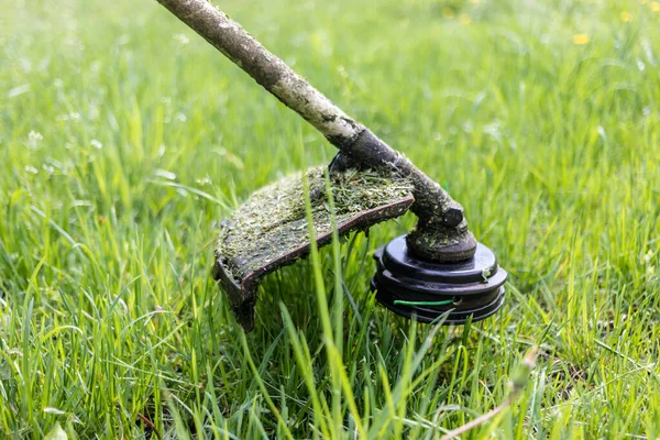 庭の芝生のトリマーで芝生を刈る若い労働者 メンテナンスのプロの労働者の写真地草を切断 — ストック写真