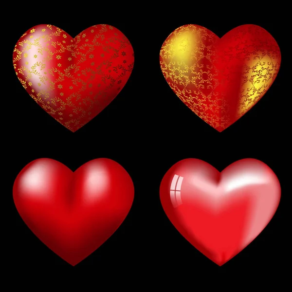 Cuatro grandes corazones rojos con reflejos — Vector de stock