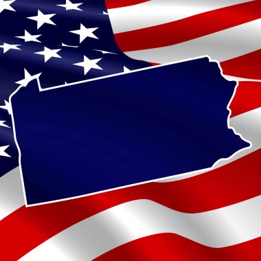 Amerika Birleşik Devletleri, Pennsylvania. ABD bayrağının arka planında eyaletin koyu mavi silueti var..