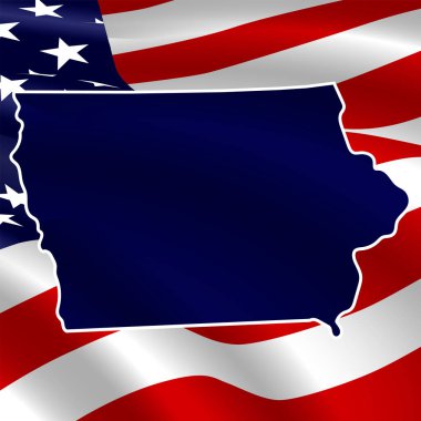 Birleşik Devletler, Iowa. ABD bayrağının arka planında eyaletin koyu mavi silueti var..