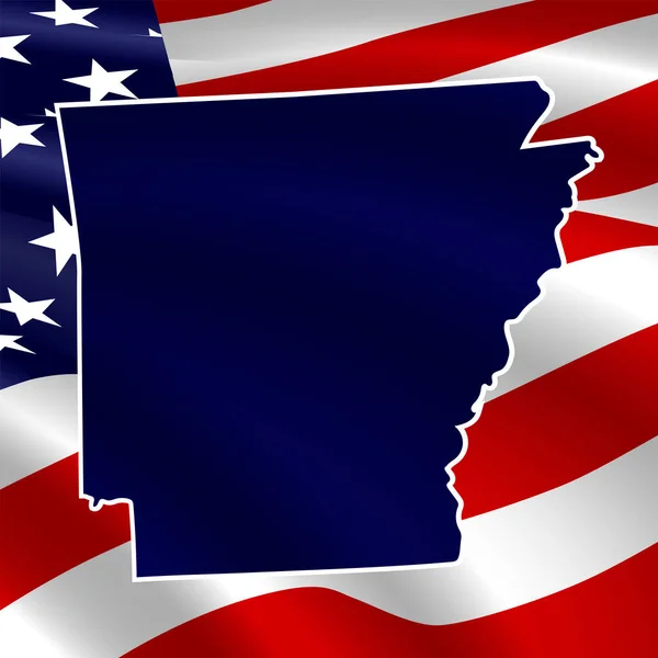 Birleşik Devletler, Arkansas. ABD bayrağının arka planında eyaletin koyu mavi silueti var..