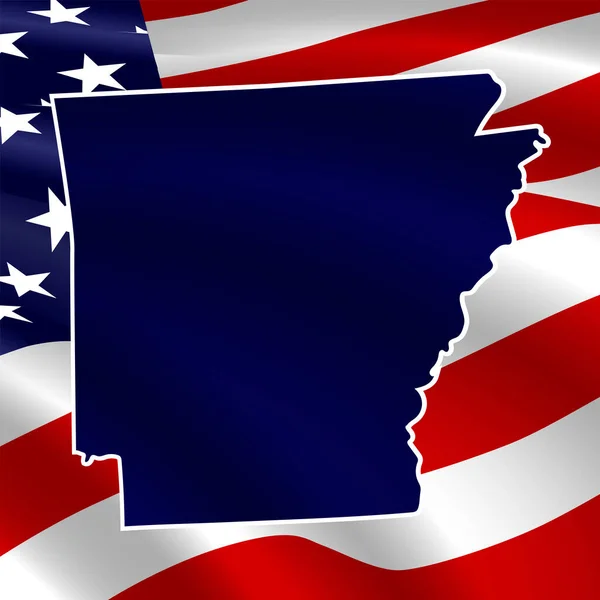 アメリカ アーカンソー州 米国の国旗を背景に 州の境界線の濃い青のシルエット — ストック写真