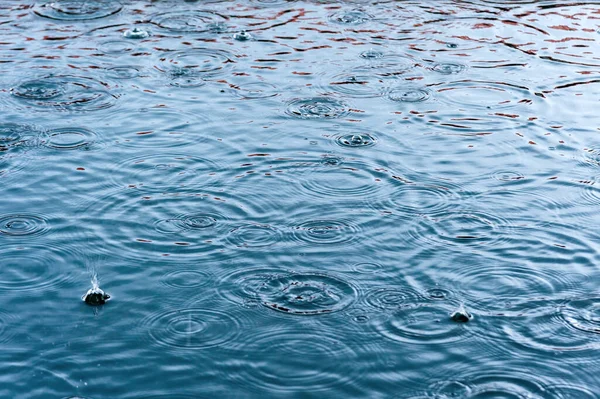 rain drops on the surface of water in a puddle with graduated shade of black shadow and reflection of blue sky