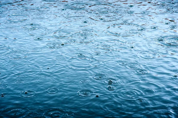 rain drops on the surface of water in a puddle with graduated shade of black shadow and reflection of blue sky