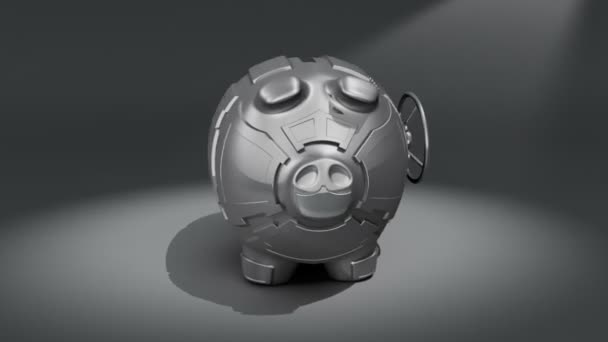 Steel Piggy Bank Rotating Dark Background Conceptual Render — Stock Video