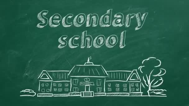 Školní budova a písmo střední škola na tabuli. Kresba z ruky.
