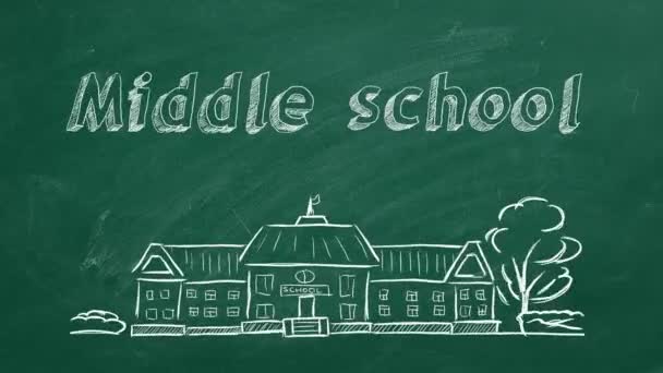 学校建筑和黑板上的字母中学 手绘草图 — 图库视频影像