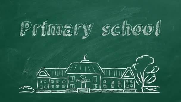 黒板に小学校の校舎と文字 手描きのスケッチ — ストック動画