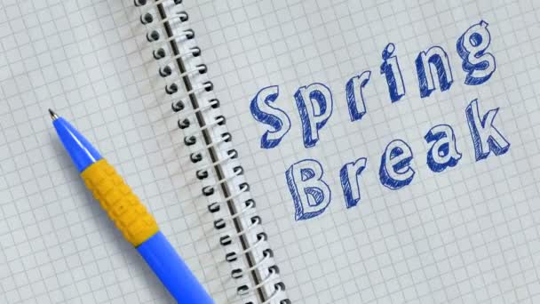 Text Spring Break Handwritten Sheet Notebook Animated — Stock Video