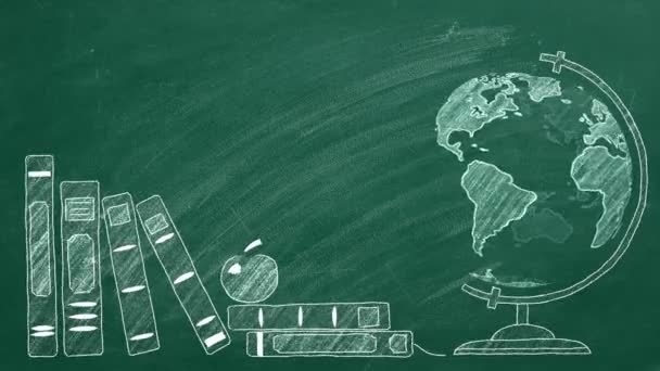 Rotating Globe School Books Drawn Chalk Blackboard Education Concept — Stock Video