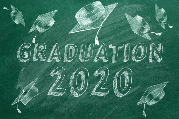 Dibujo Mano Graduación 2020 Gorras Graduación Pizarra Verde — Foto de Stock