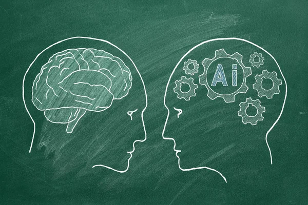 Human intelligence vs artificial intelligence. Face to face. Duel of views. Animated illustration on a school blackboard.