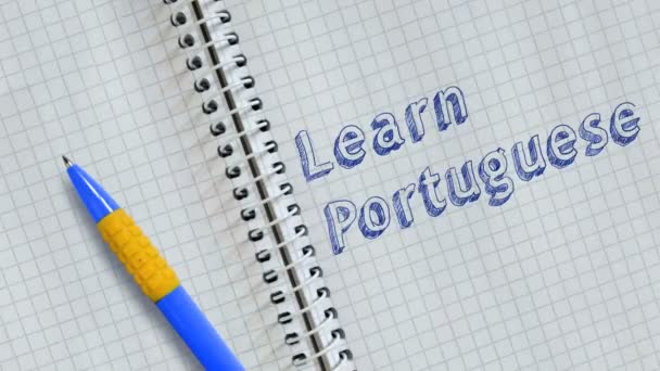 Изучайте Португальский Текст Написанный Руки Листе Ноутбука Анимированный — стоковое видео