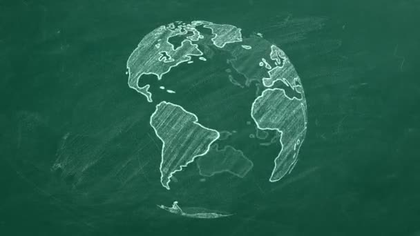 Rotating Globe Hand Drawn Chalk School Blackboard — Stock Video